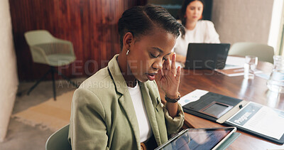 Buy stock photo Headache, tablet and businesswoman in office for meeting with burnout, fatigue or deadline pressure. Migraine, stress and female real estate agent with technology for property contract mistake.