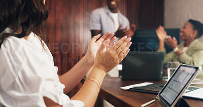 Buy stock photo Woman, hands and applause in meeting with tablet, collaboration and achievement for financial audit. People, clap and tech in office with business celebration, profit growth and success for company.
