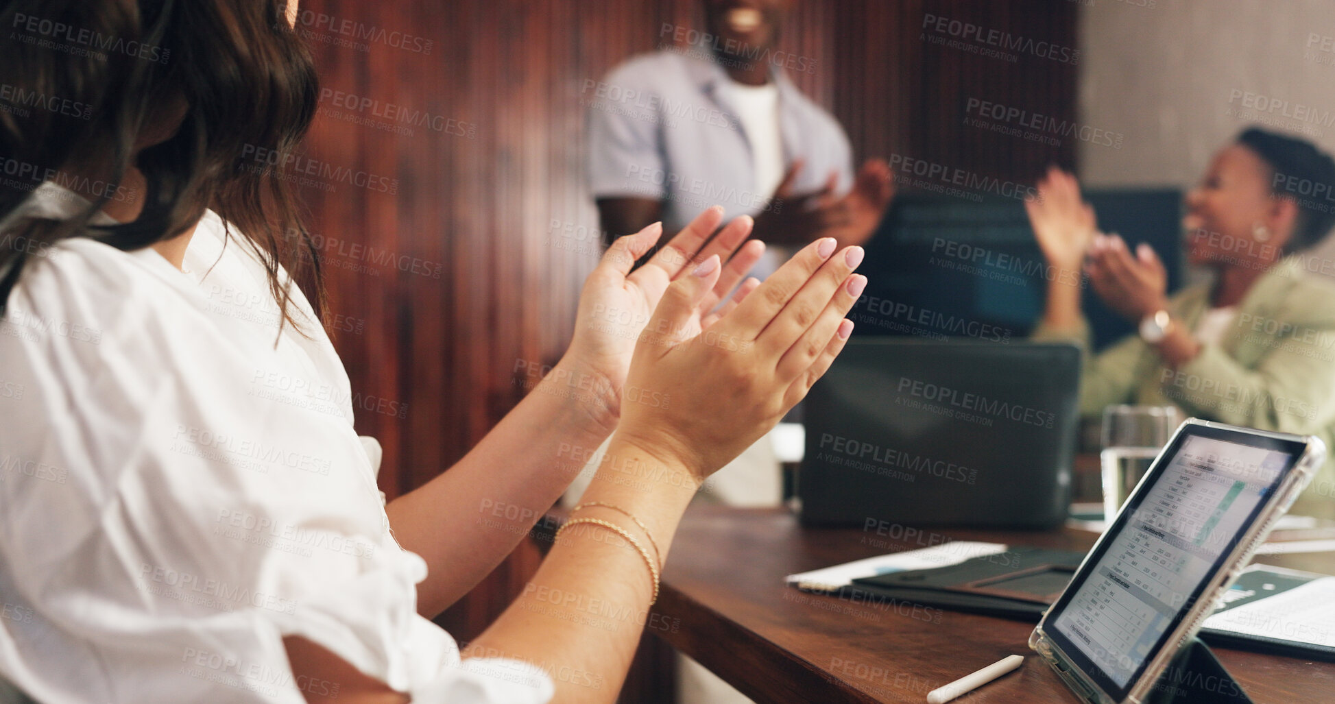 Buy stock photo Woman, hands and applause in meeting with tablet, collaboration and achievement for financial audit. People, clap and tech in office with business celebration, profit growth and success for company.