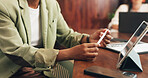 Businesswoman, hands and tablet in office with sustainability audit, stylus or ESG compliance report. Person, research or check policy with tech for eco friendly plan, carbon footprint or regulations