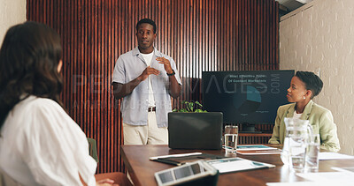 Buy stock photo Man, presentation and content marketing at office meeting with monitor, explain or graphs at media company. People, speaker and screen with team, feedback or review with charts at creative agency