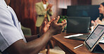Hands, presentation and applause at office meeting with team, tablet or graphs at investment company. People, success and group with celebration, goals and app with screen for announcement at agency