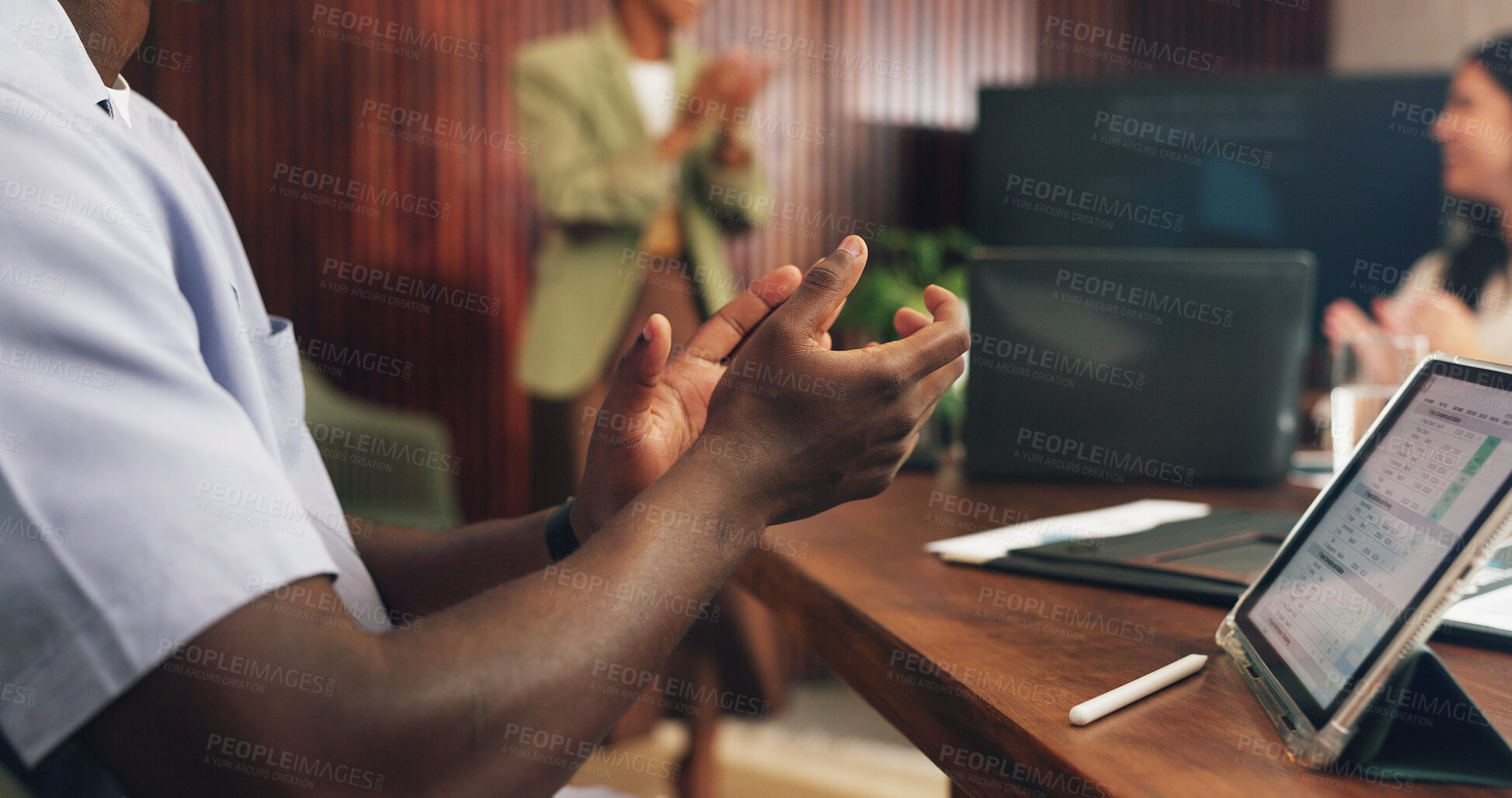 Buy stock photo Hands, presentation and applause at office meeting with team, tablet or graphs at investment company. People, success and group with celebration, goals and app with screen for announcement at agency