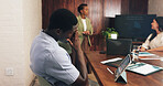 Headache, meeting and stress with business man in boardroom for work pressure or tension. Anxiety, burnout and overwhelmed with employee people in office for collaboration, planning or research