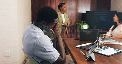 Buy stock photo Headache, meeting and stress with business man in boardroom for work pressure or tension. Anxiety, burnout and overwhelmed with employee people in office for collaboration, planning or research