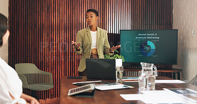 Buy stock photo Woman, presentation and mental health at office meeting with discussion, monitor and graphs at hr company. People, speaker and screen with insight, feedback or review with chart for employee wellness