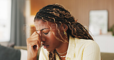 Buy stock photo Stress, anxiety and woman with headache on sofa with discomfort, temple pressure or mental fatigue. Worry, black girl or migraine in home with burnout, brain fog and overwhelmed by uncomfortable ache