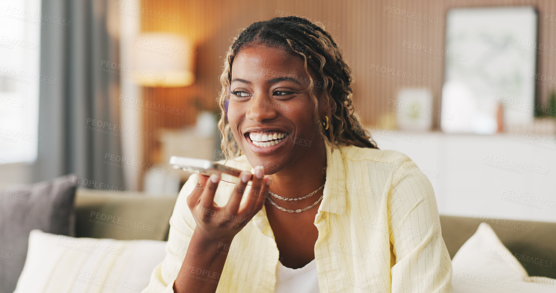 Buy stock photo Phone, voice note and black woman on sofa for talking, communication and online chat. Happy, weekend and person on smartphone for networking, connection and contact for recording message in home