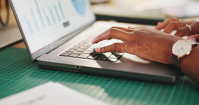Buy stock photo Typing, laptop and hands of business woman in office for seo report, planning and research. Online branding review, digital marketing and startup with employee in creative agency for project