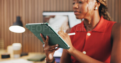 Buy stock photo Tablet, hands and scroll with business black woman in office for seo report, stylus or research. Online branding review, digital marketing and startup with employee in creative agency for project