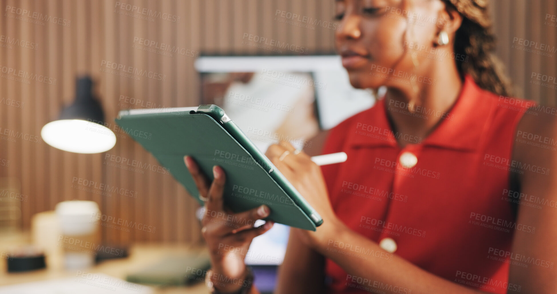 Buy stock photo Tablet, hands and scroll with business black woman in office for seo report, stylus or research. Online branding review, digital marketing and startup with employee in creative agency for project