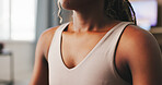Fitness, chest and woman with breathing in home, cool down routine and post exercise practice for wellness. Yoga, relaxation technique and person with breathwork activity to recover, calm and health