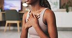 Breathing, hands and woman with yoga in home, mindfulness practice and holistic health for wellness. Inner peace, chakra alignment and yogi with meditation for calm, self care and spiritual balance
