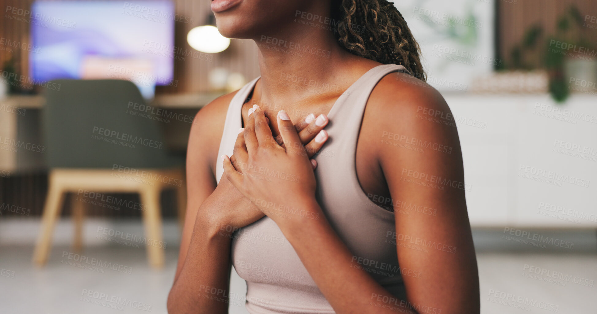 Buy stock photo Breathing, hands and woman with yoga in home, mindfulness practice and holistic health for wellness. Inner peace, chakra alignment and yogi with meditation for calm, self care and spiritual balance