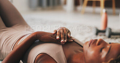 Buy stock photo Breathing, relax or hands with mindfulness in home, awareness practice or holistic health for wellness. Inner peace, chakra alignment or woman with meditation for calm, self care or spiritual balance