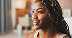 Thinking, fitness and black woman in home, smile and start day with morning routine. Apartment, rest and African person in living room, exercise and reflection for progress, contemplation and relax