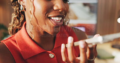 Buy stock photo Woman, mouth and speaker phone in house for online communication, mobile app and social media chat. Person, recording and voice note in home with tech, contact or connectivity or gossip conversation.