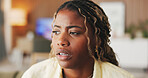 Student, anxiety and black woman in home with worry for overthinking, unsure and nervous for college results. Apartment, school and person with anxious, overwhelmed and stress for grade at university