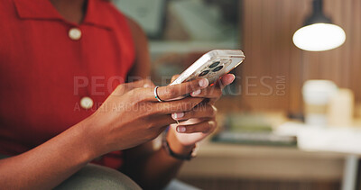 Buy stock photo Woman, phone and hands in office for project, review and email for social media proposal. Person, schedule and management for research, planning and feedback or communication at creative agency