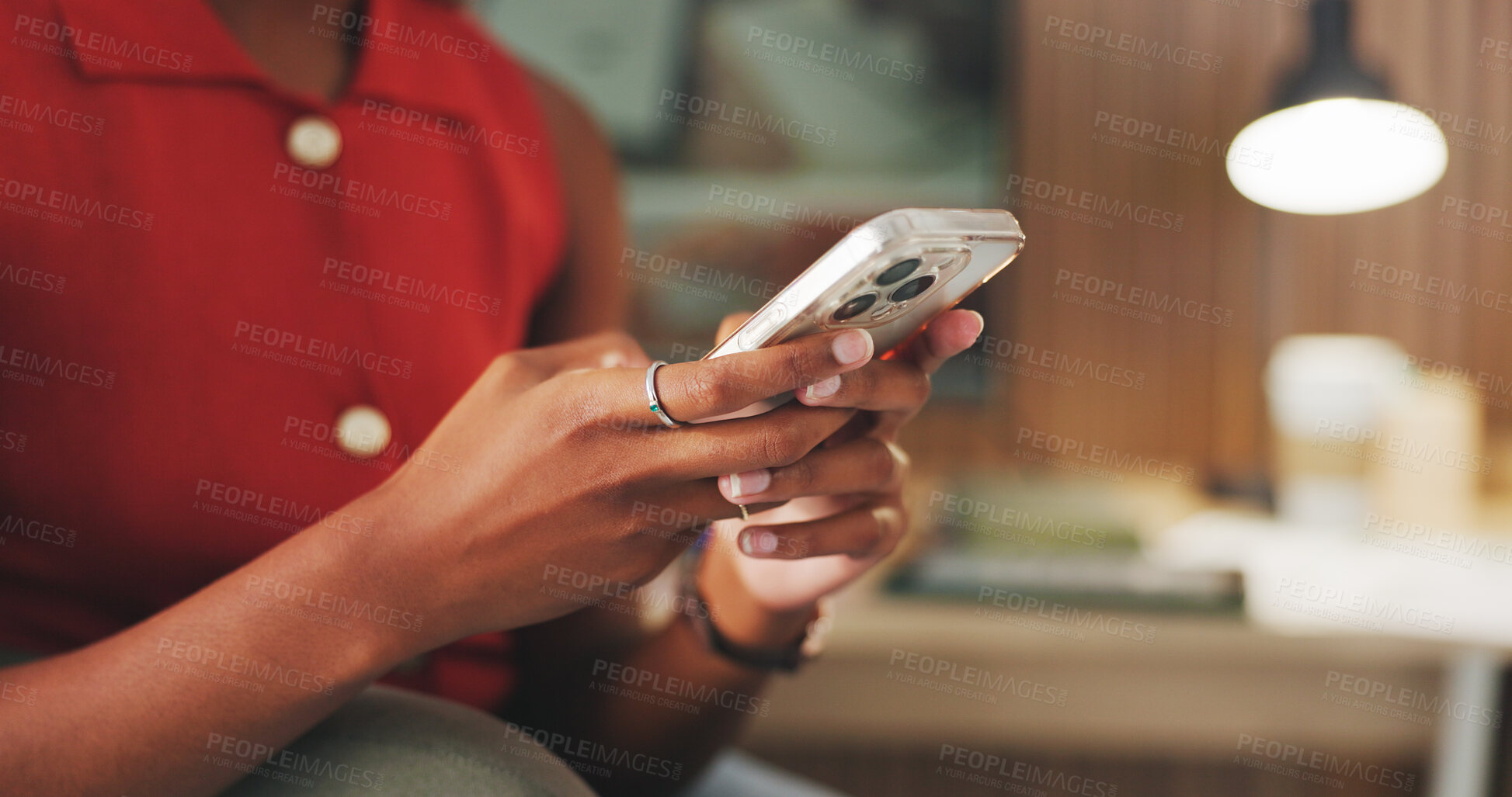 Buy stock photo Woman, phone and hands in office for project, review and email for social media proposal. Person, schedule and management for research, planning and feedback or communication at creative agency