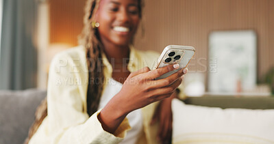 Buy stock photo Smile, reading and phone with black woman on sofa in home for communication, social media and relax. Contact, online chat and connection with person and mobile in living room of apartment for app
