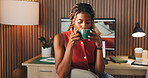 Black woman, drink and coffee in home for remote work, break and article proofreading. Female freelancer, warm beverage and tech for reflection, story feedback and news update for publication project