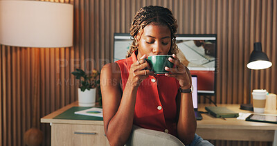Buy stock photo Black woman, drink and coffee in home for remote work, break and article proofreading. Female freelancer, warm beverage and tech for reflection, story feedback and news update for publication project
