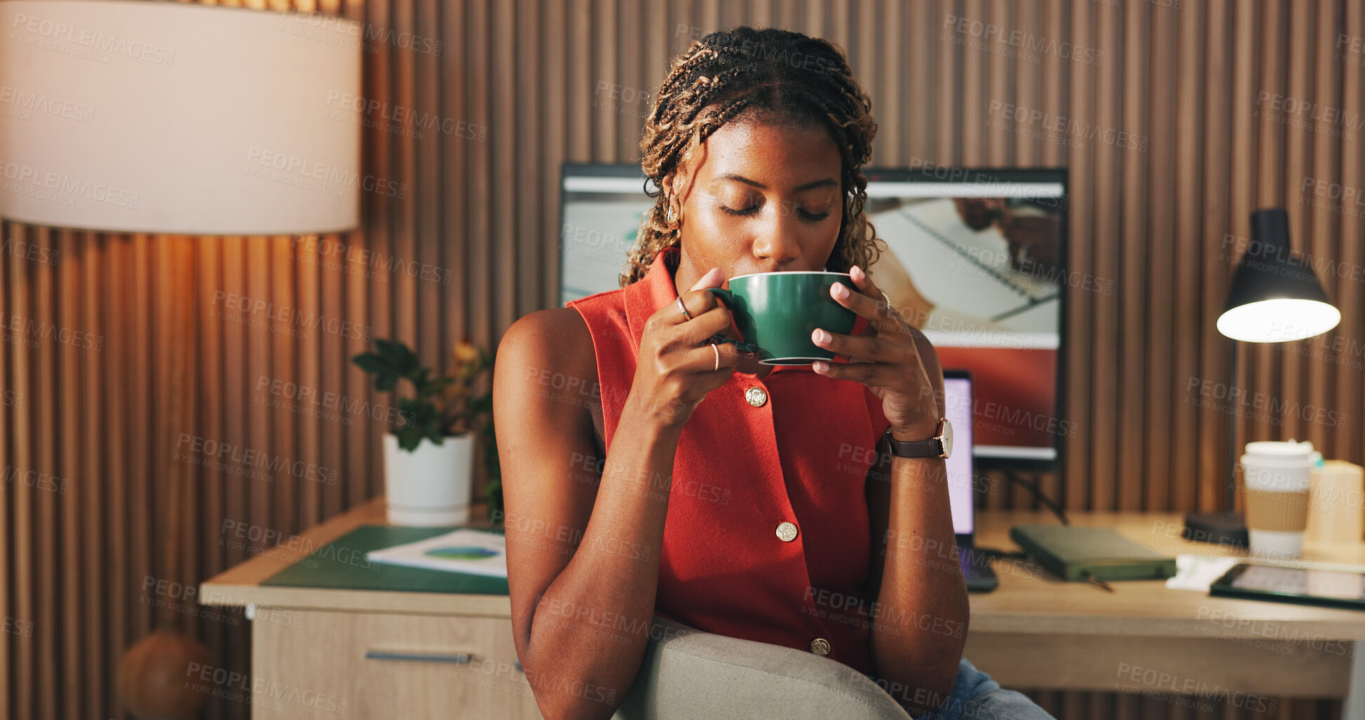 Buy stock photo Black woman, drink and coffee in home for remote work, break and article proofreading. Female freelancer, warm beverage and tech for reflection, story feedback and news update for publication project