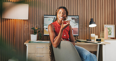 Buy stock photo Woman, talking and speaker phone in home office for remote work, communication or journalist update. Black person, recording or voice note in house with tech, contact or idea for freelance writer job