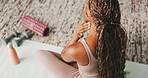 Fitness, yoga and woman with neck pain in house, holistic exercise routine and muscle strain for accident. Back, pilates practice and person with pressure for injury, above or inflammation for sprain