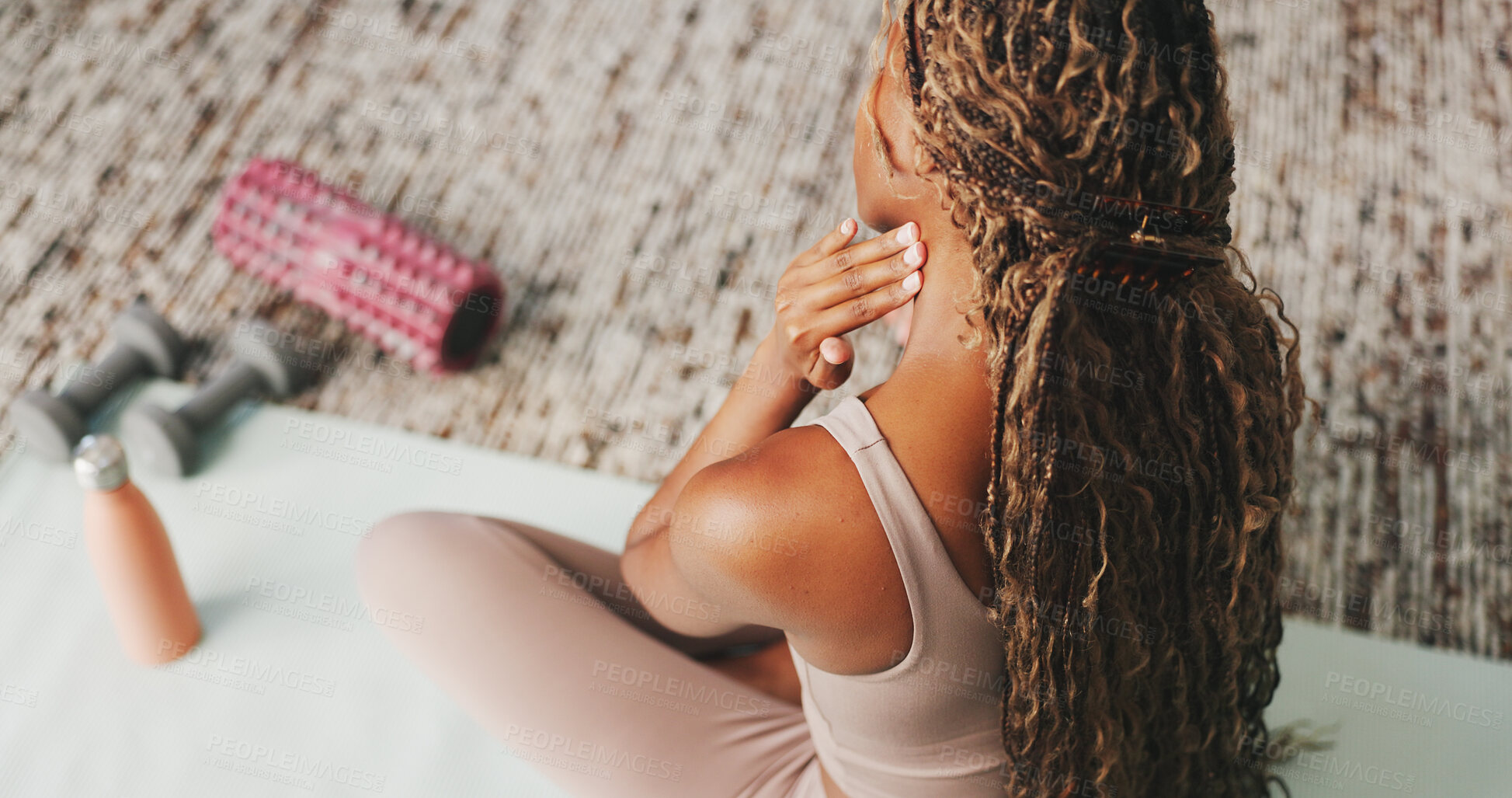 Buy stock photo Fitness, yoga and woman with neck pain in house, holistic exercise routine and muscle strain for accident. Back, pilates practice and person with pressure for injury, above or inflammation for sprain