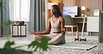 Zen, yoga and black woman in house with meditation, spiritual awareness and peace for holistic health. Calm, person and mindfulness exercise in living room with lotus pose, wellness or introspection.