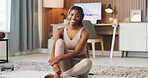 Portrait, smile and black woman in home, fitness for health benefits and happiness. Apartment, rest and African person in living room, wellness and break for workout, morning routine and pride