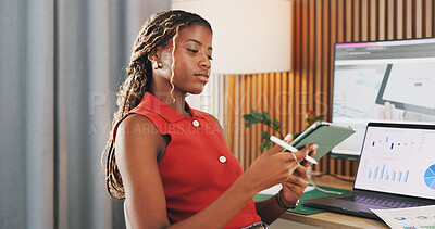Buy stock photo Tablet, planning and stylus with business black woman in office for seo report, reading or research. Online branding review, digital marketing and startup with employee in creative agency for project