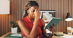 Headache, investor and black woman in office, tablet for stock market crash and tension. Financial advisor, employee and African person in workplace, migraine and tech for bankruptcy and pressure