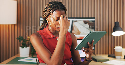 Buy stock photo Headache, investor and black woman in office, tablet for stock market crash and tension. Financial advisor, employee and African person in workplace, migraine and tech for bankruptcy and pressure