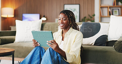 Buy stock photo Happy, girl and reading on tablet in home for university portal, study registration or research. Student, black person and smile with tech for college enrollment, scholarship application or admission