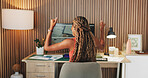 Black woman, remote work and dance with celebration for contact, bonus and positive feedback. Freelancer, graphic designer and back in home office with digital tech, design process or project success
