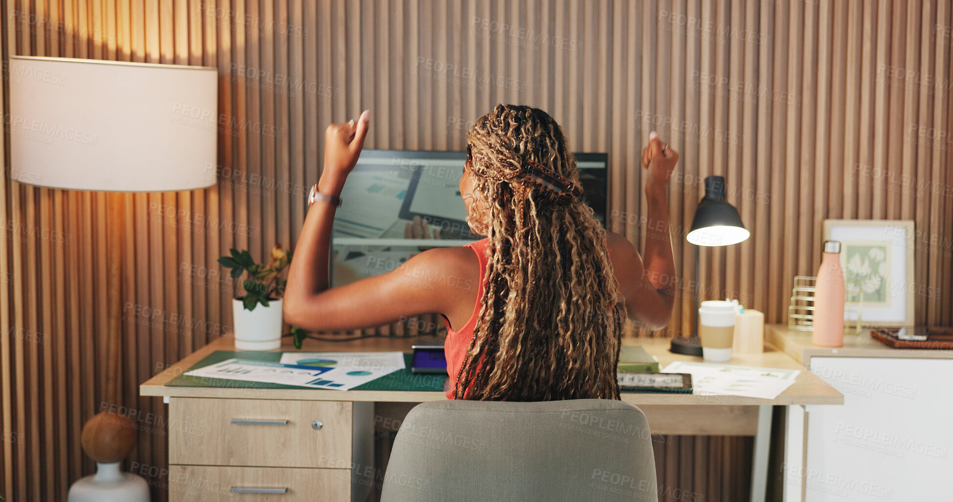 Buy stock photo Black woman, remote work and dance with celebration for contact, bonus and positive feedback. Freelancer, graphic designer and back in home office with digital tech, design process or project success