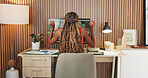 Woman, winning and good news with fist pump in home for business success or promotion. Back view, female person or celebration on computer for deadline completition, salary increase or bonus in house