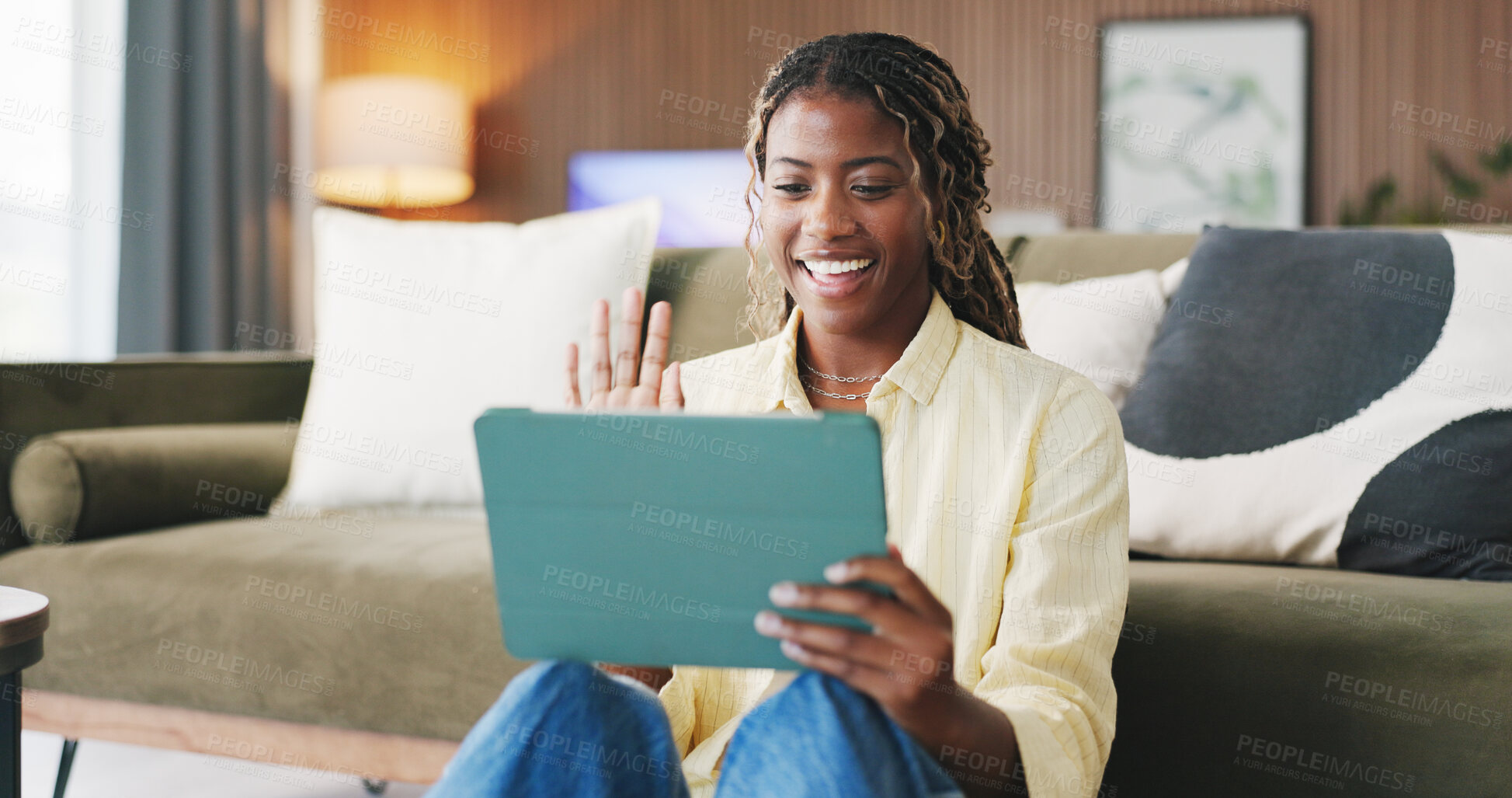 Buy stock photo Black woman, tablet and wave with video call in home, smile and contact on floor in living room. African person, tech and happy with application, greeting or virtual chat on social media at house