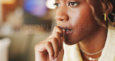 Buy stock photo Nervous, thinking and girl with stress in home for university crisis, student debt or scholarship risk. Black person, thoughtful and worry in house for college loan, biting nails or academic pressure
