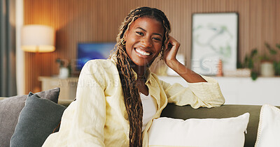 Buy stock photo Happy, smile and portrait of black woman on sofa with good mood, relax and positivity on break. Apartment, couch and person with confidence, pride and calm on weekend for me time, rest and peace