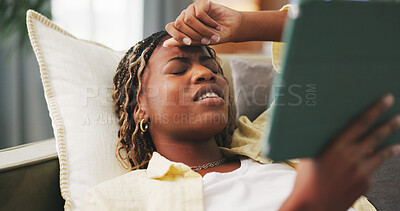 Buy stock photo Black woman, tablet and stress with headache on sofa in home with burnout, vertigo and tired in lounge. African person, tech and migraine on couch with application, break or frustrated at house