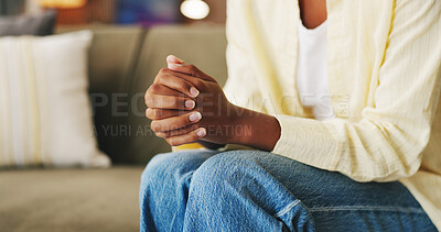 Buy stock photo Anxiety, nervous and hands of woman on sofa for overthinking, unsure and worry for mental health. Home, therapy and person with gesture for anxious, overwhelmed and stress in living room for trauma