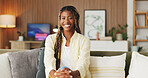 Happy, home and portrait of black woman on sofa with good mood, relax and positivity on break. Apartment, couch and person with confidence, pride and calm on weekend for me time, rest and peace