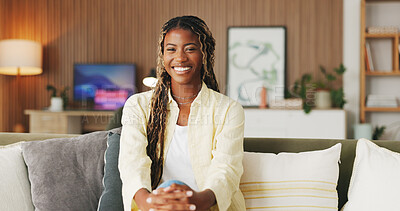 Buy stock photo Happy, home and portrait of black woman on sofa with good mood, relax and positivity on break. Apartment, couch and person with confidence, pride and calm on weekend for me time, rest and peace