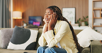 Buy stock photo Black woman, headache and stress in home on sofa, exhausted and frustrated with brain fog in living room. Person, fatigue and migraine with chronic pain, burnout and tired with vertigo at house
