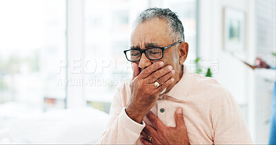Buy stock photo Medical, checkup or old man in hospital with chest pain, sickness or breathing issue in virus symptoms. Healthcare, cough or senior patient with tuberculosis, asthma or illness in clinic consultation