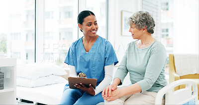 Buy stock photo Hospital, woman and nurse with clipboard for health insurance, assessment or exam on bed. Paperwork, questions and senior person with caregiver in consultation for medical advice, test and support